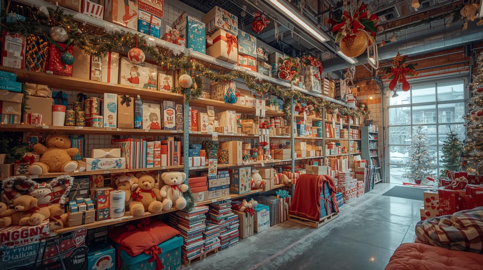 Create a image of warehouse deals for Winter Christmas with mix items in it.