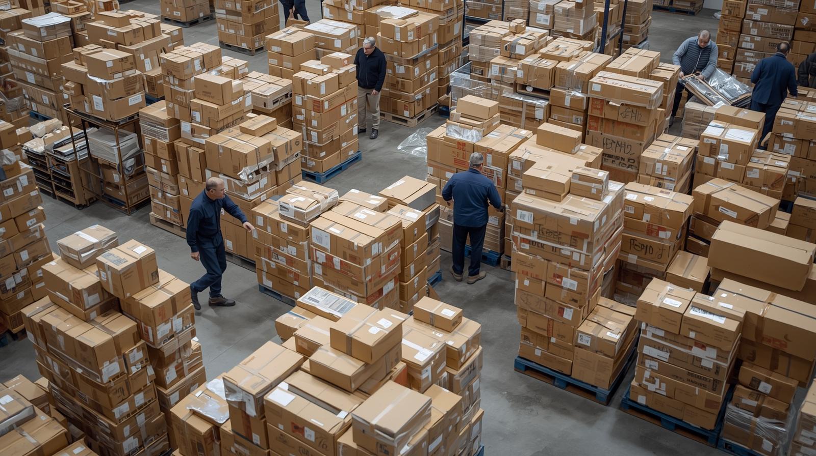 create a image of warehouse cartons and boxes with peope working