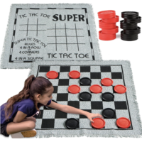 3-in-1 Vintage Giant Checkers, Tic, Tac, Toe, with Reversible Mat, 24 Chips, Family Board Game, Lawn Game, BBQ Party Favor, Indoor and Outdoor Activity for Kids and Adults